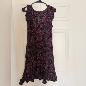 Sleeveless Black and Magenta Floral Print Midi Dress